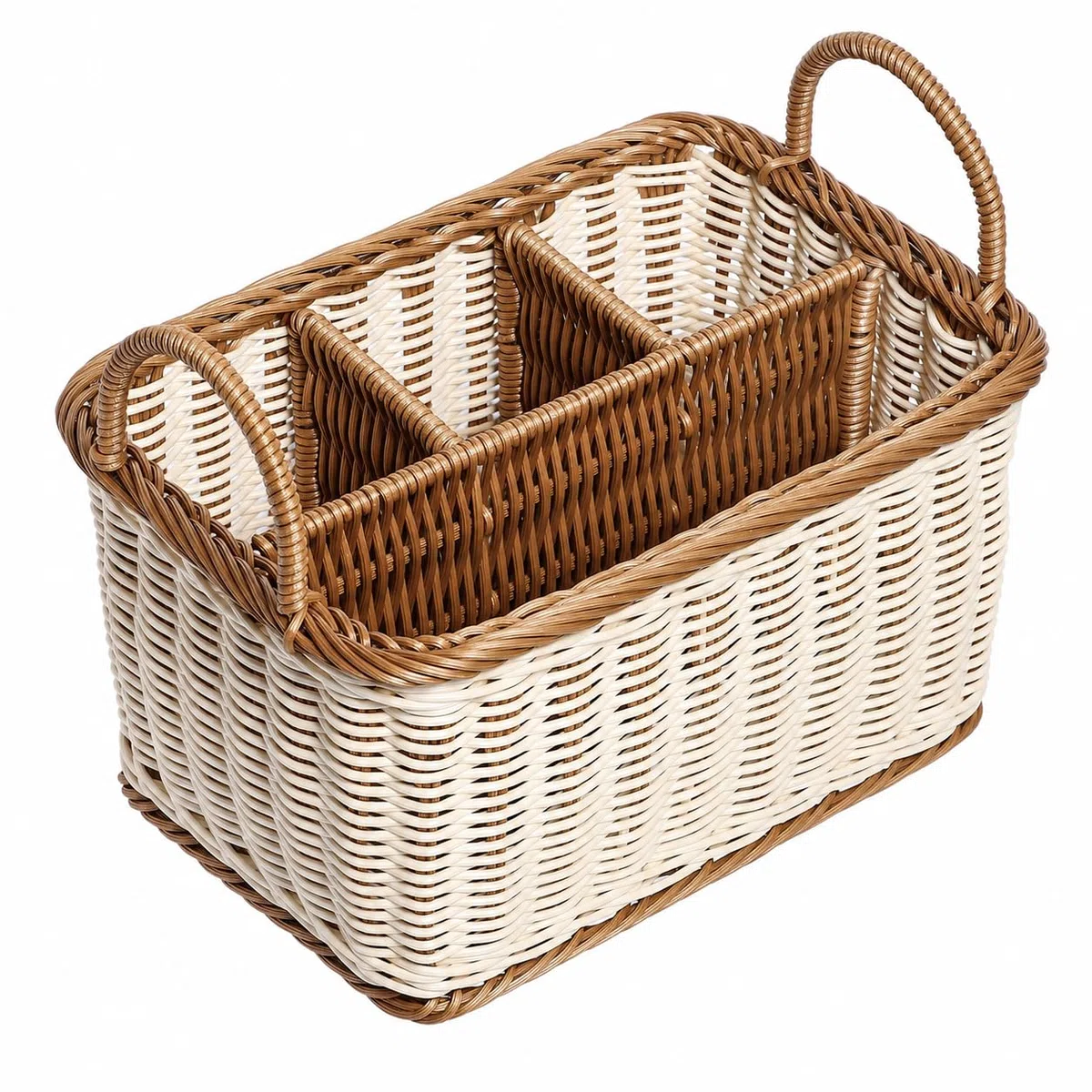 HEMOTON Portaposate in rattan, cestino per posate intrecciato da tavolo, portaposate per posate e utensili con manici e 4 scomparti divisori, per cucina, sala da pranzo, giardino o picnic