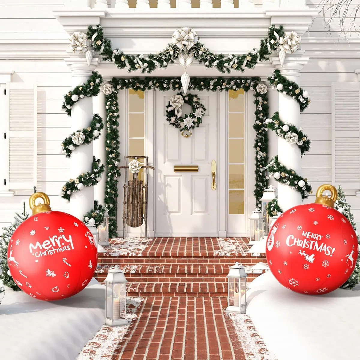 KAHEIGN 2 Pezzi Palline di Natale Gonfiabili Giganti, 60CM Rosso Fiocco di Neve Palle Decorativa Natalizio Gonfiabile in PVC per Natale Interno Esterno Casa Giardino Prato Cortile Portico Decorazione