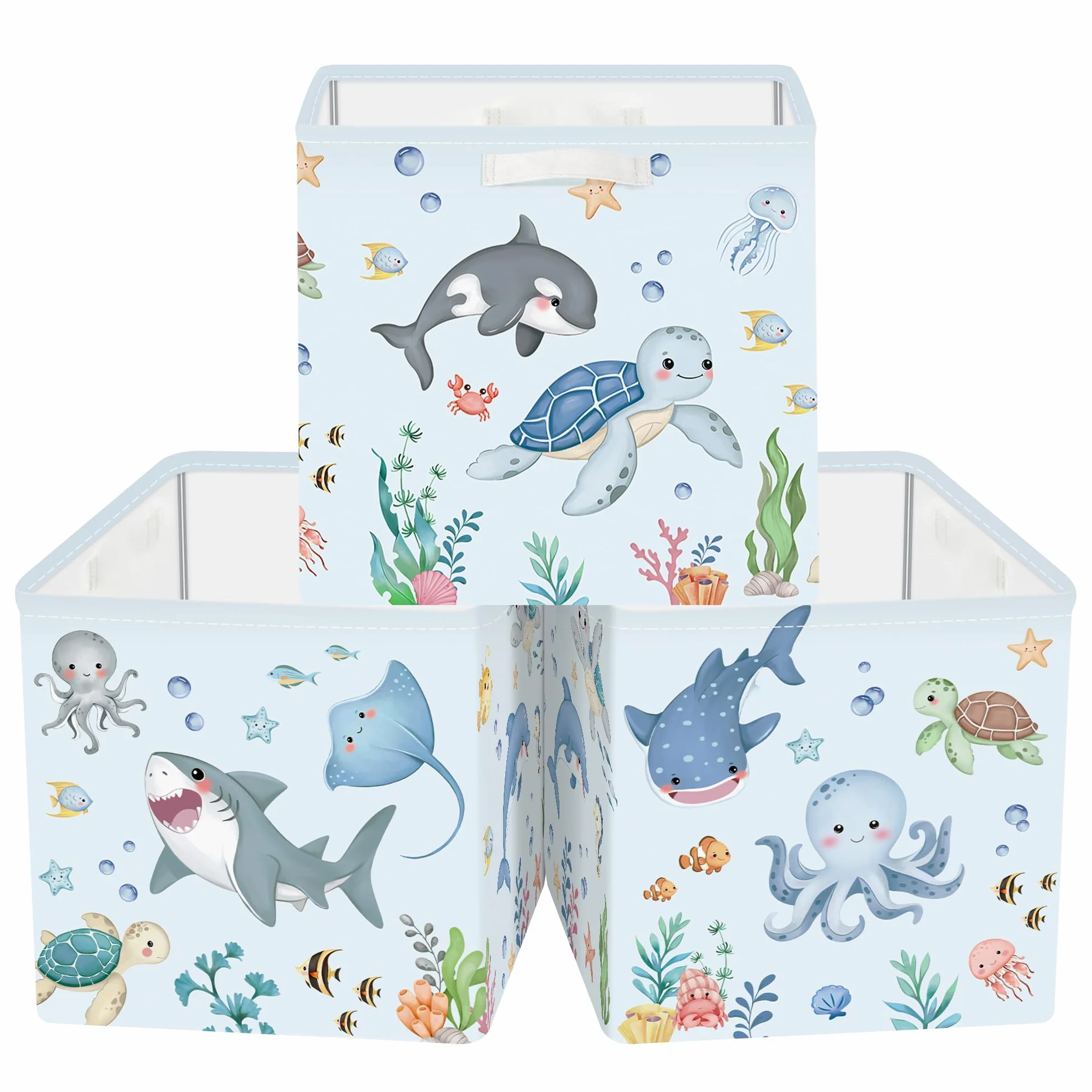 30cm Set di 3 Scatole Portaoggetti Marini Contenitore Porta Giochi Ragazzo Pieghevole Squalo Balena Cubi Portaoggetti per Libreria Kallax Salotto, Animali Acquatici