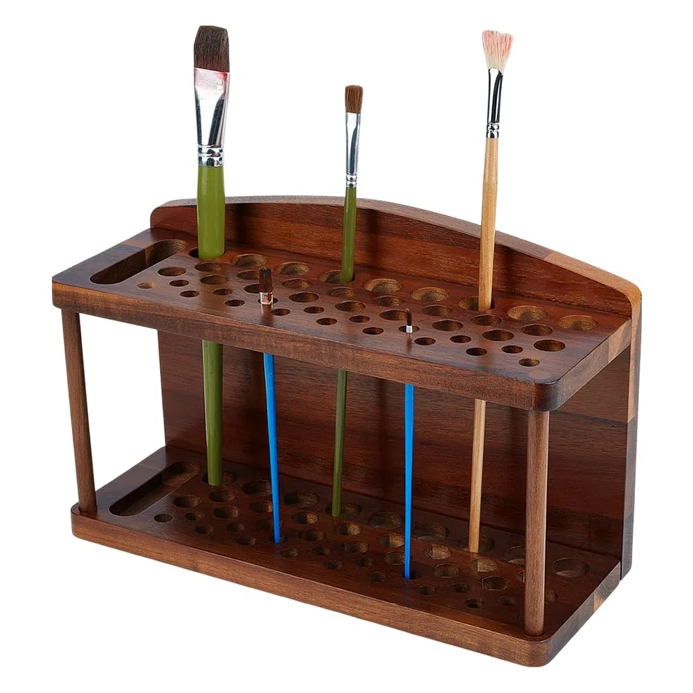 PH PandaHall Porta pennelli in legno a 2 livelli con 44 scomparti, espositore per penne, matite, acquerelli, pennelli da trucco, organizer per scrivania, scuola, ufficio, casa, negozio di articoli