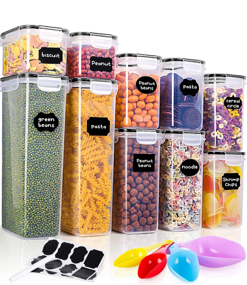 Set di 10 Contenitori Alimentari Ermetici Contenitori per Cereali Ermetici Senza BPA Plastica Cereali con Coperchio Etichette Cucchiai per la Conservazione di Pasta Cereali Farina