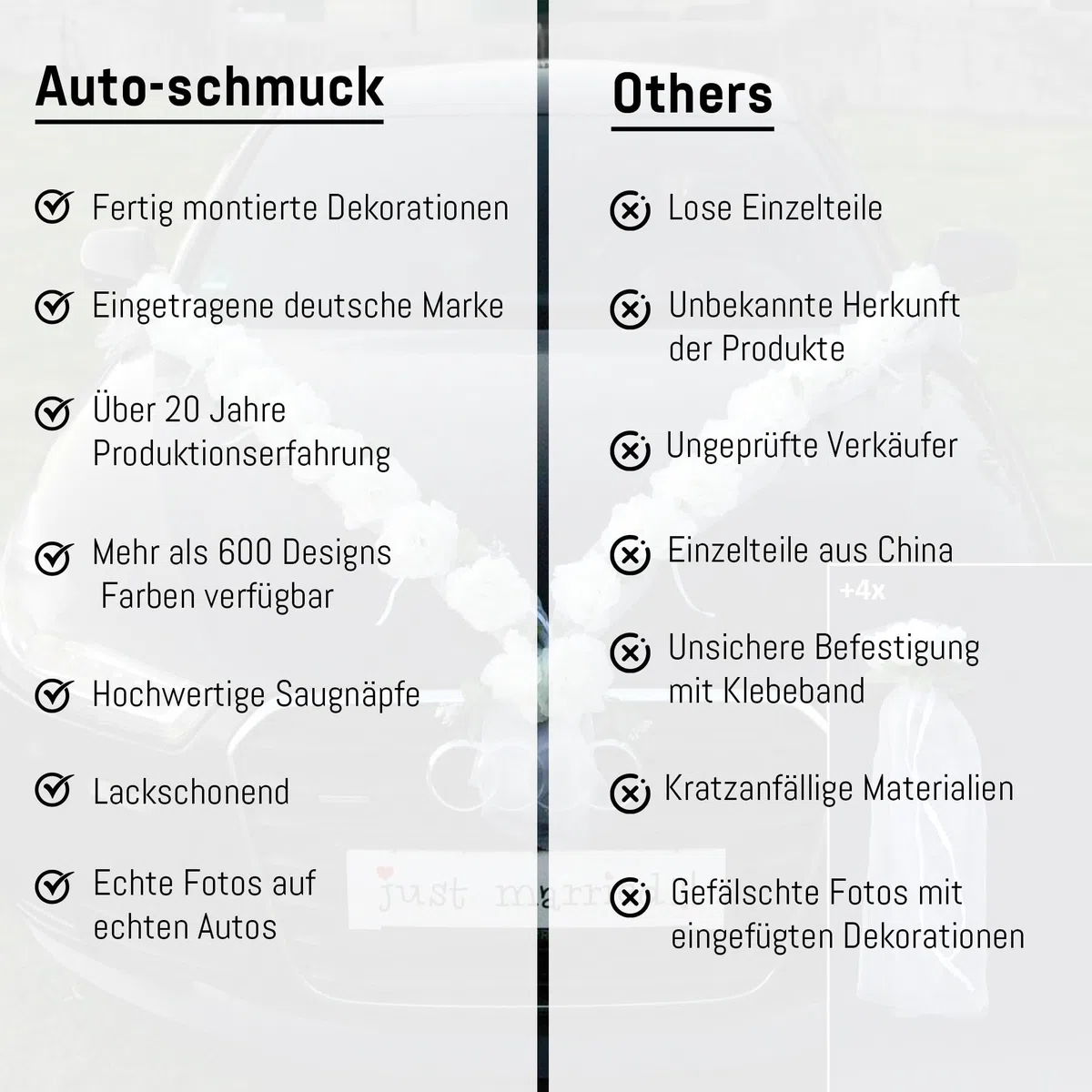 Autoschmuck - Due ghirlande di rose artificiali, decorazione per auto per matrimonio (bianco)