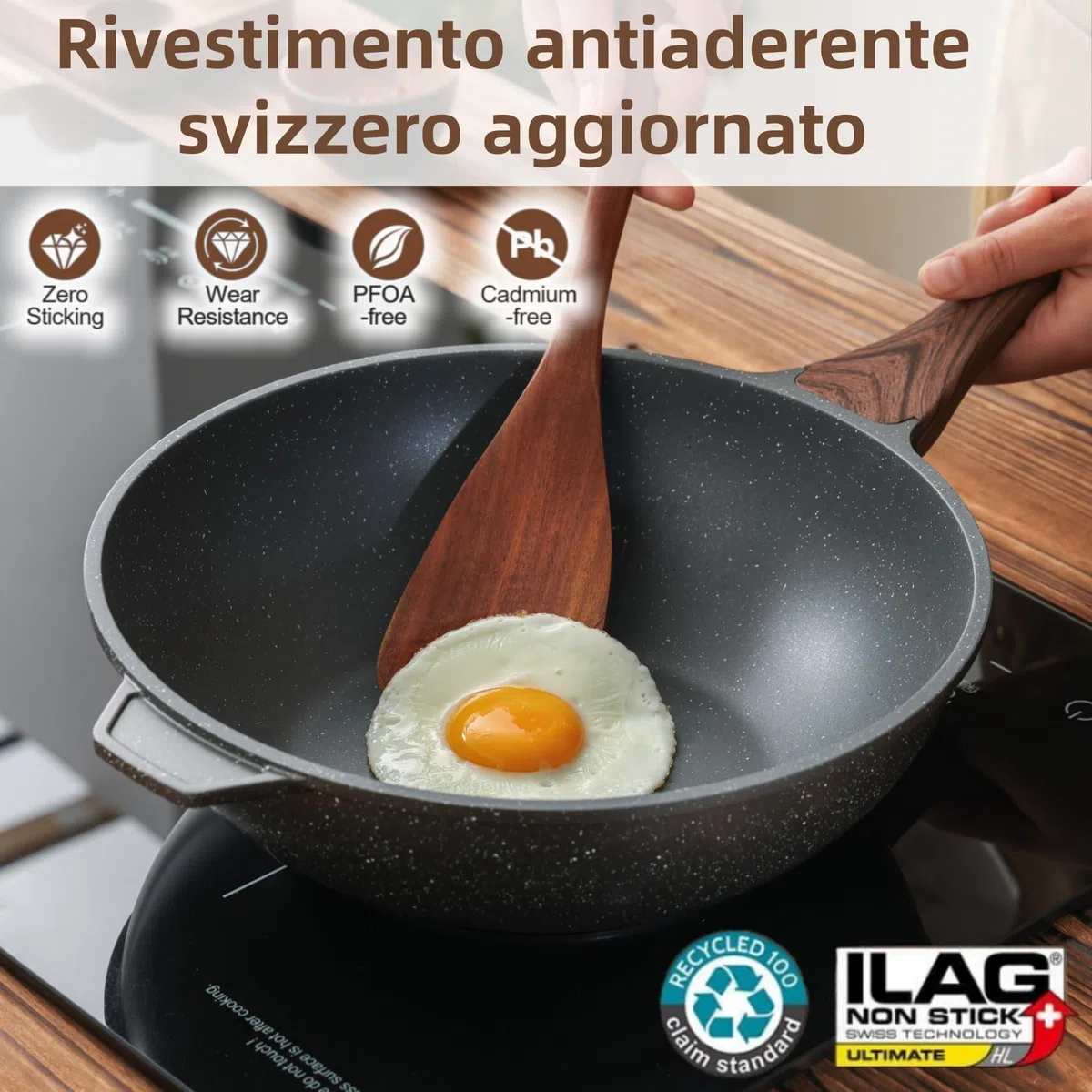 SENSARTE Wok Antiaderente in Alluminio 28 cm con Coperchio, Rivestimento Granito Svizzero ILAG Senza PFOA, Manico Ergonomico, Adatto a Induzione, Cucina Sana