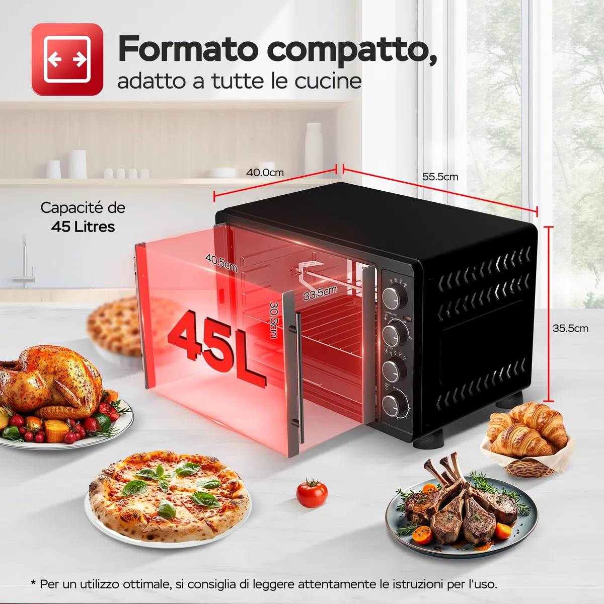 TurboTronic - Mini forno con ventilazione, 45 l, nero, 2000 W, girarrosto, timer, mini forno, pizza, teglia da forno, illuminazione interna