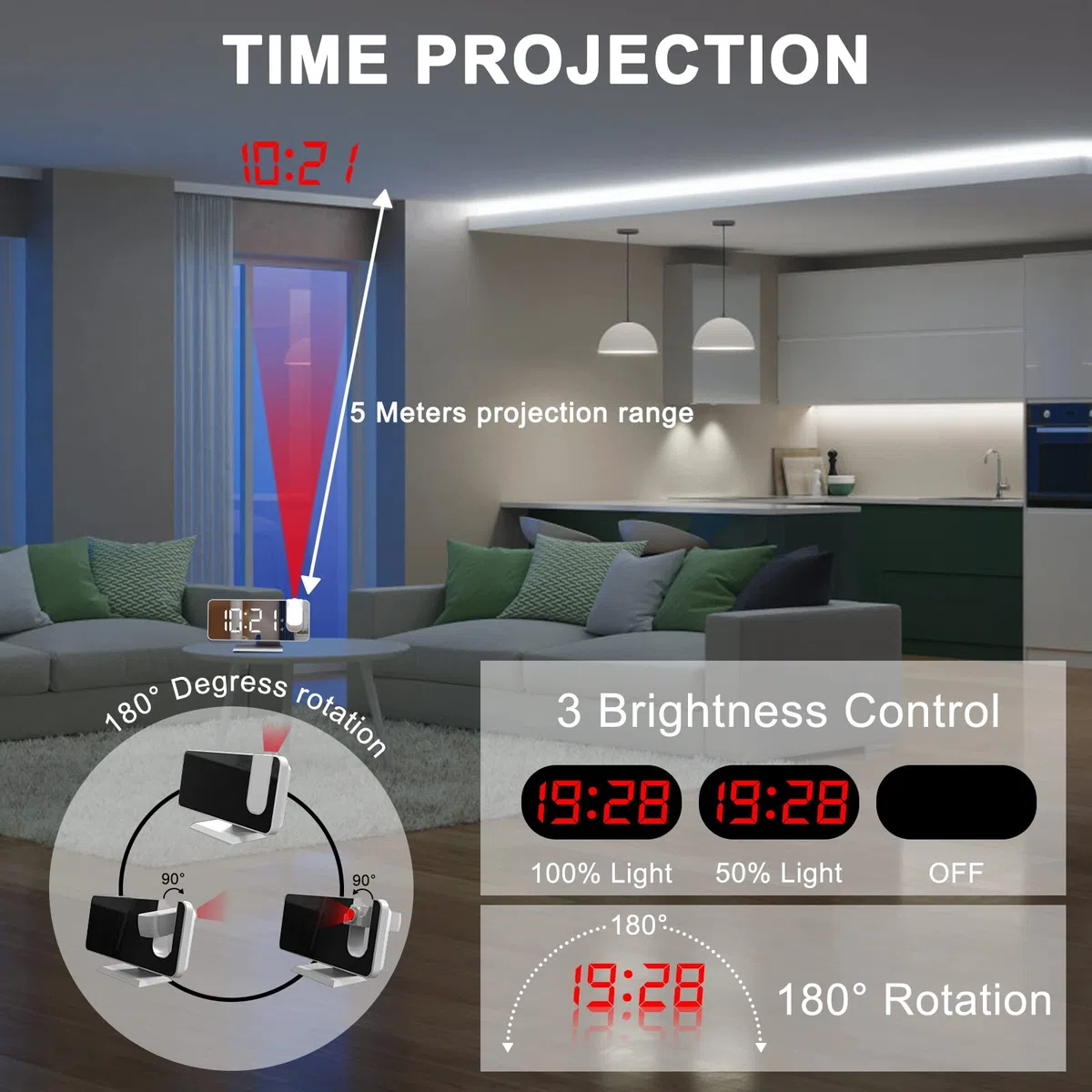 Sveglia con Proiettore, Schermo a LED a Specchio da 7.5", 4 Luminosità, Doppio Allarme con Porta USB, Sveglia Digitale con Proiettore ultra trasparente (Bianco con Adattatore)