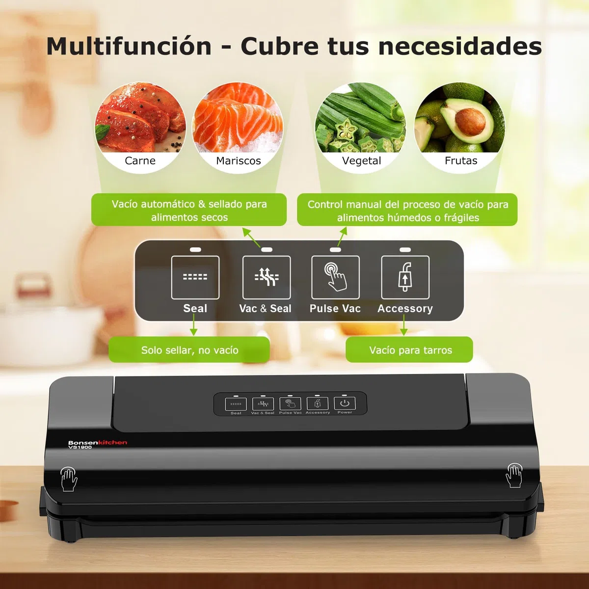 Bonsenkitchen Macchina per Sottovuoto Alimenti – Compatta, Funzionamento Continuo ad Alta Velocità, 4 Modalità, Include Sacchetti e Tubo Accessorio