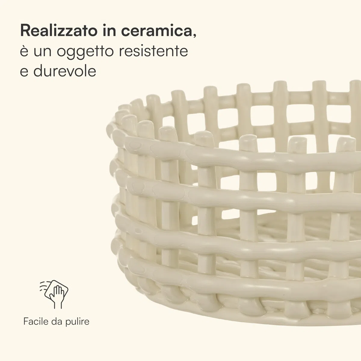 Baroni Home Cestino intrecciato multiuso in ceramica, Portafrutta, Centrotavola, Svuotatasche Tondo Bianco 21x21x9 cm