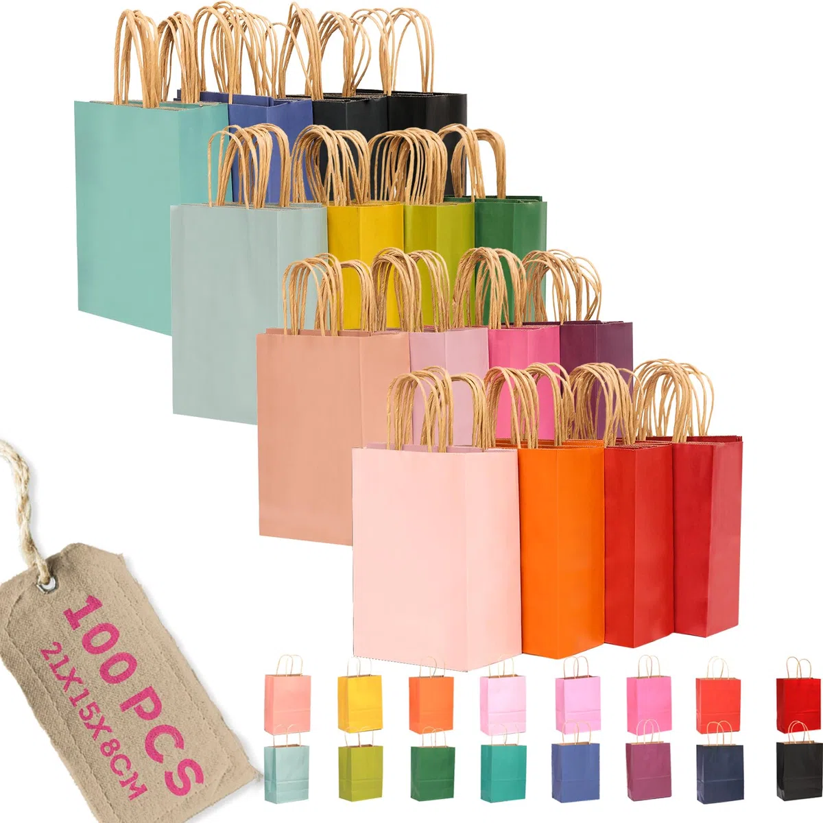 Gcardist 100 pezzi di piccoli sacchetti regalo in carta con manici – 21,1 x 15,2 x 8 cm – piccoli sacchetti di festa in carta kraft – 16 colori solidi
