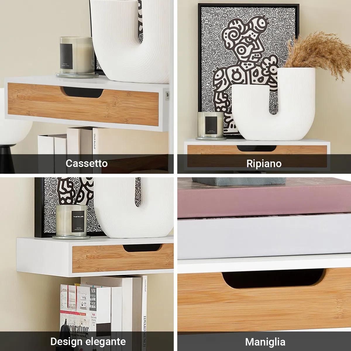 SoBuy Mensola a Parete con Cassetto - Mensola Galleggiante Moderna per Ingresso, Soggiorno & Camera - Bianco & Naturale 40x24x8cm FRG92-WN
