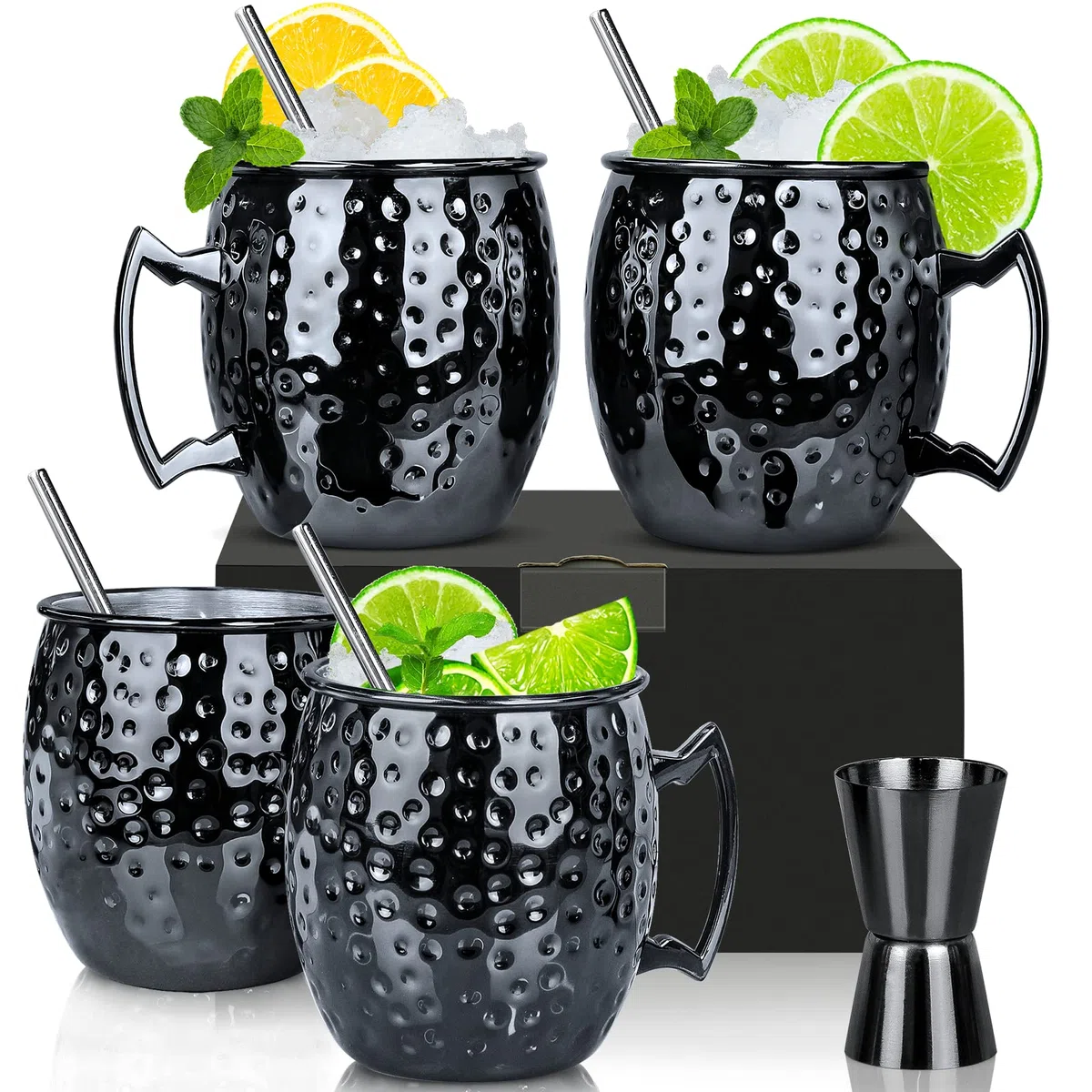SuproBarware Moscow Mule - Set di 4 tazze con doppio jigger, in acciaio inox placcato nero, 18oz, perfetto per bevande fredde 4 pezzi, colore nero.