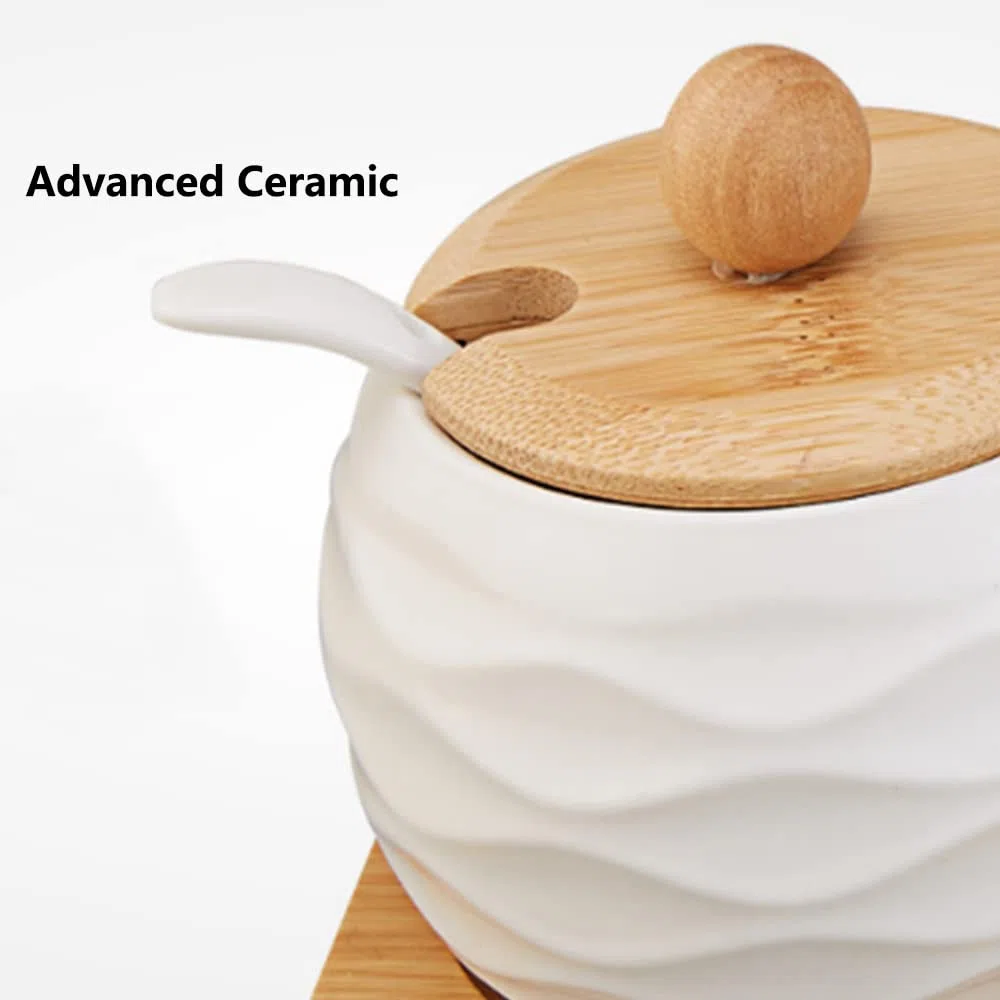 Set di contenitori per spezie in ceramica, vaso per spezie in ceramica con cucchiai e coperchi in bambù, condimento per tè, caffè, salsa e peperoni