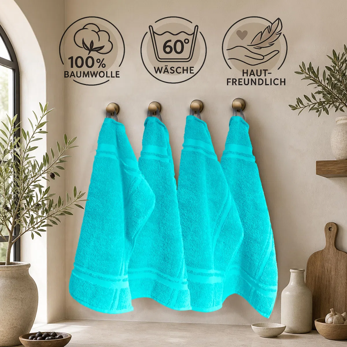 Lashuma London, set di 4 strofinacci cucina cotone colorati – strofinaccio 100% cotone, Turchese laguna, 50 x 50 cm