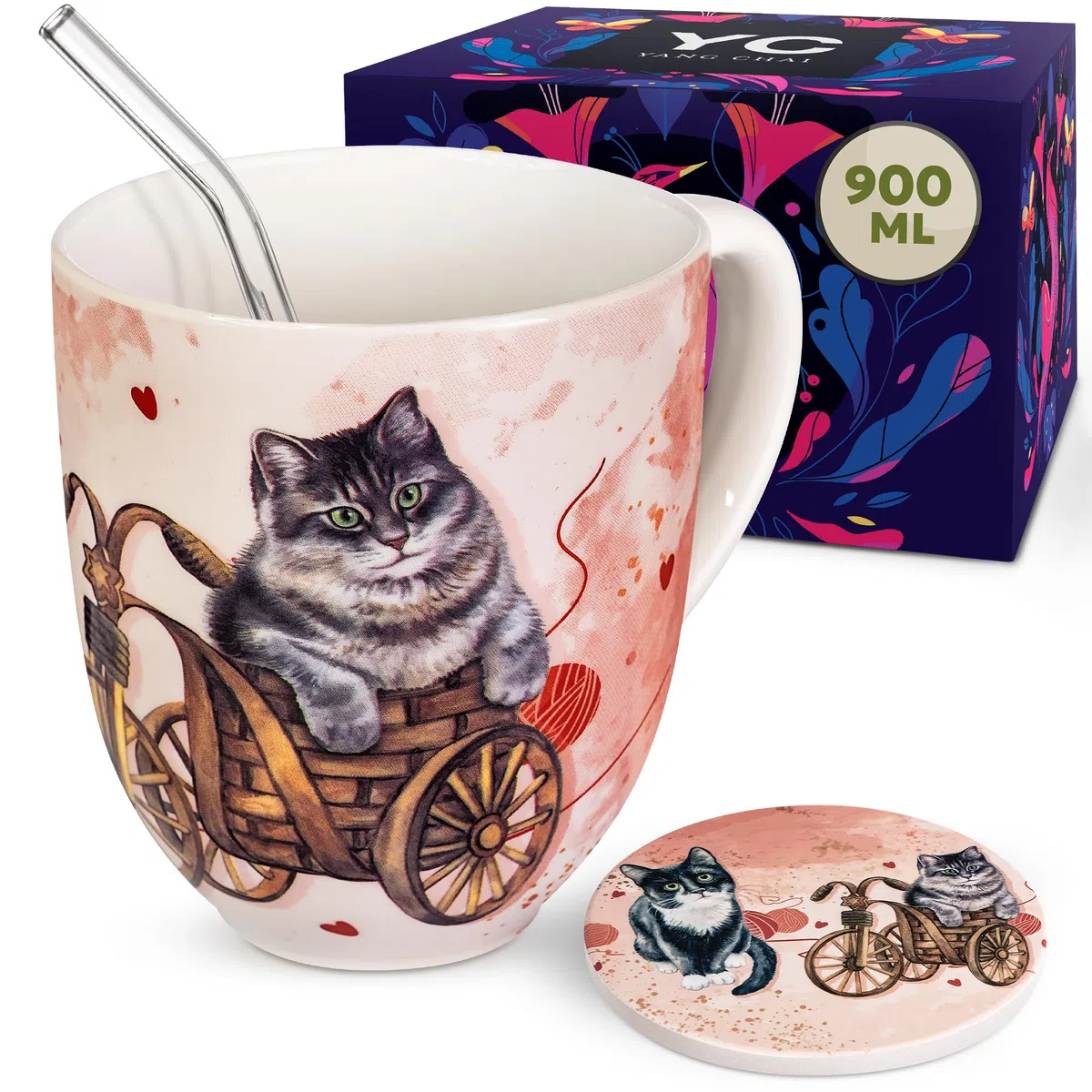 YC YANG CHAI Jumbotazza 900 ml - Tazze da Tè in Porcellana di Ossa - Set XXL con Sottobicchiere - Mug Grande, Tazza Colazione - YC CatiCat