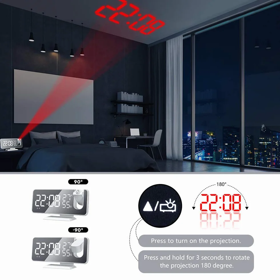 Sveglia a proiezione, sveglia digitale a LED con superficie specchio, porta di ricarica USB, ripetizione, doppio allarme, radio FM, modalità 3Dimming, umidità della temperatura, regolazione 12