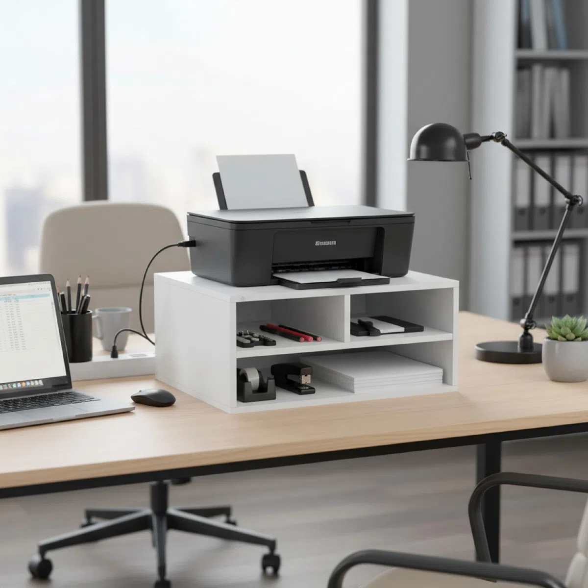 Baroni Home Supporto per Stampante con 3 Scomparti, Organizer per Carta A4 e A3 per Scrivania e Ufficio, Struttura in MDF Resistente, Facile da Montare, 37x47x21 cm, Bianco