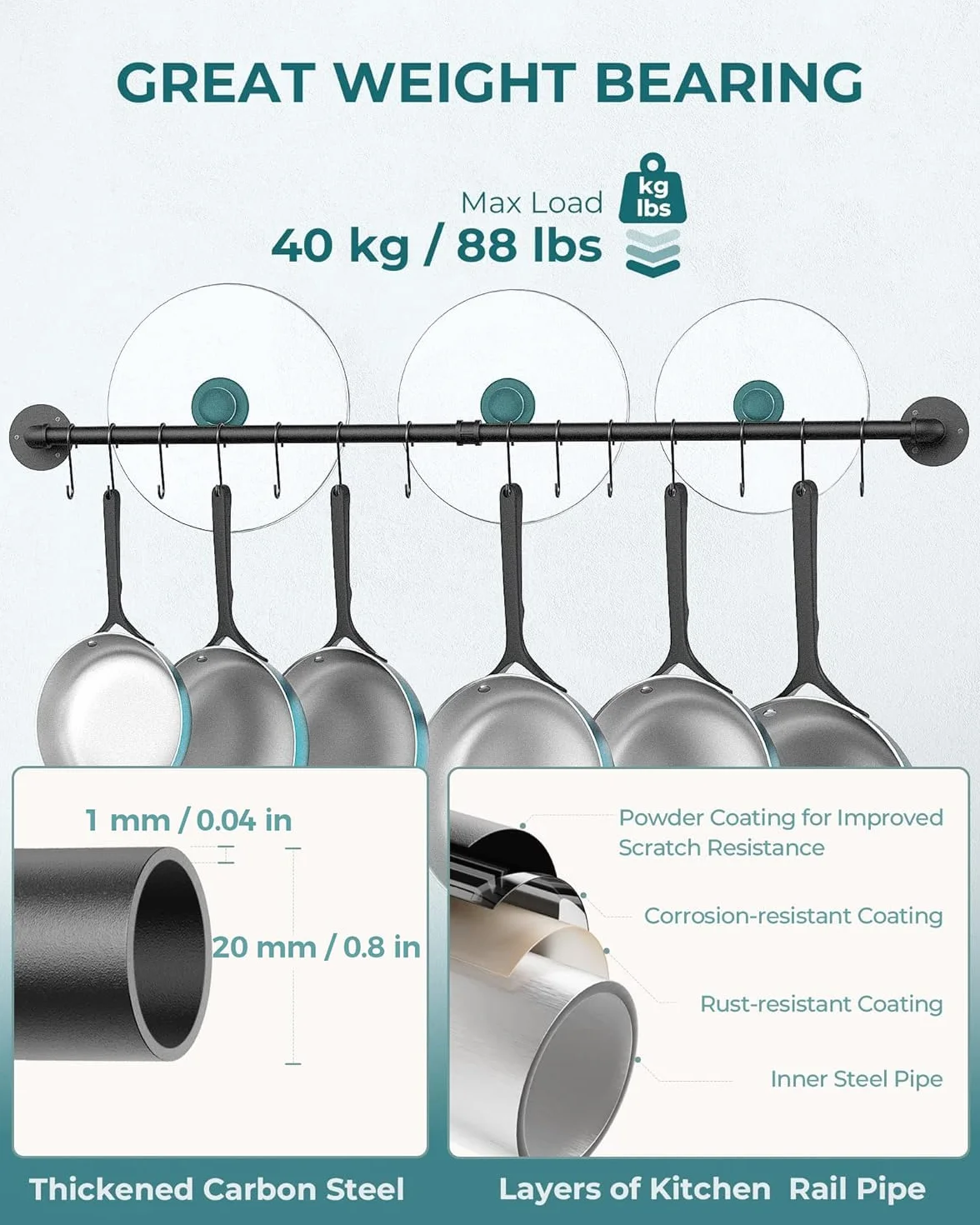 OROPY Mensola d'attaccatura degli Utensili della Cucina, 100cm Supporto della Parete dell'Acciaio Inossidabile dello scaffale con 14 Ganci (Nero)