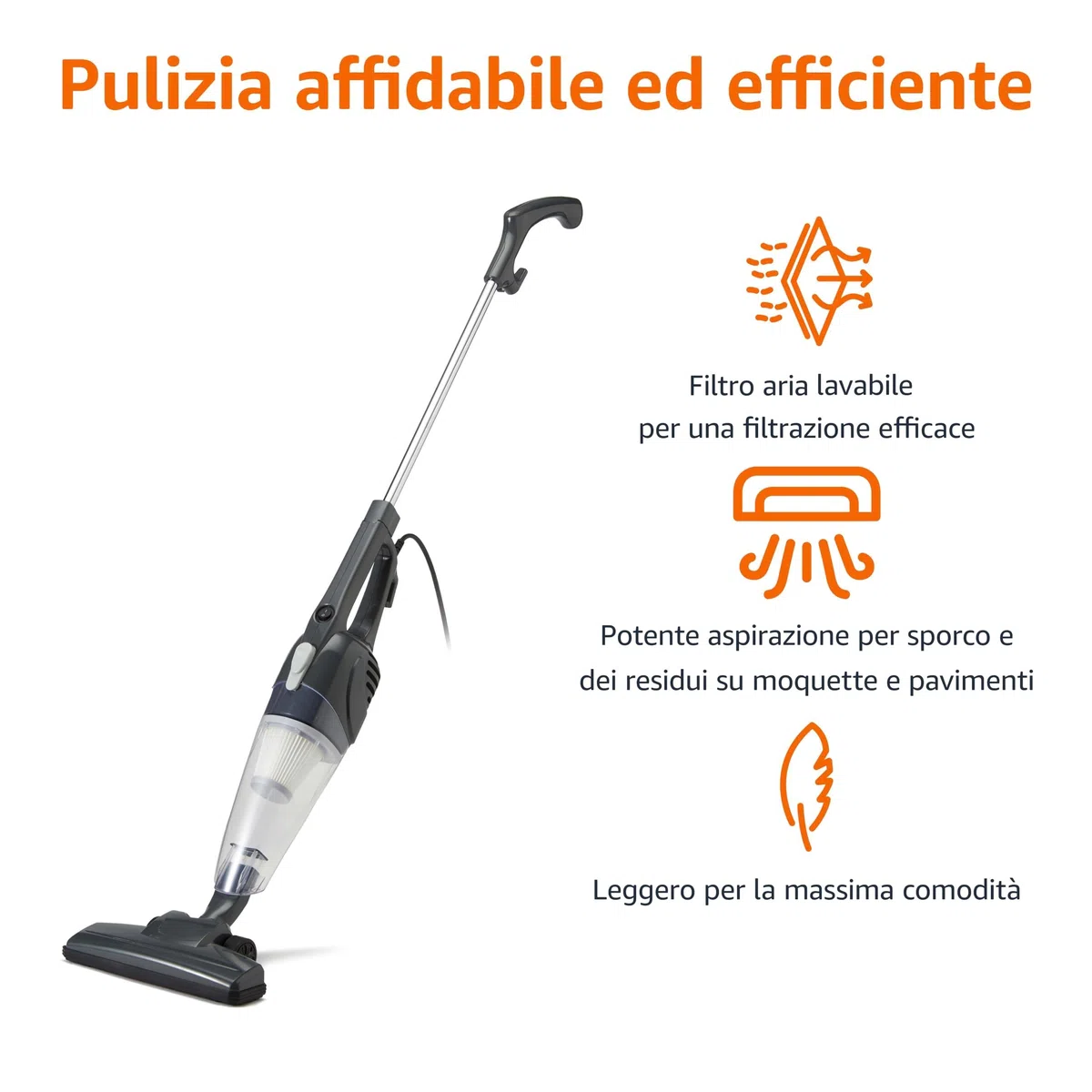 Amazon Basics Scopa Elettrica con Filo, Multifunzione 2-in-1, Motore ECO, Filtro Sostituibile, Ultra Leggera, Nero