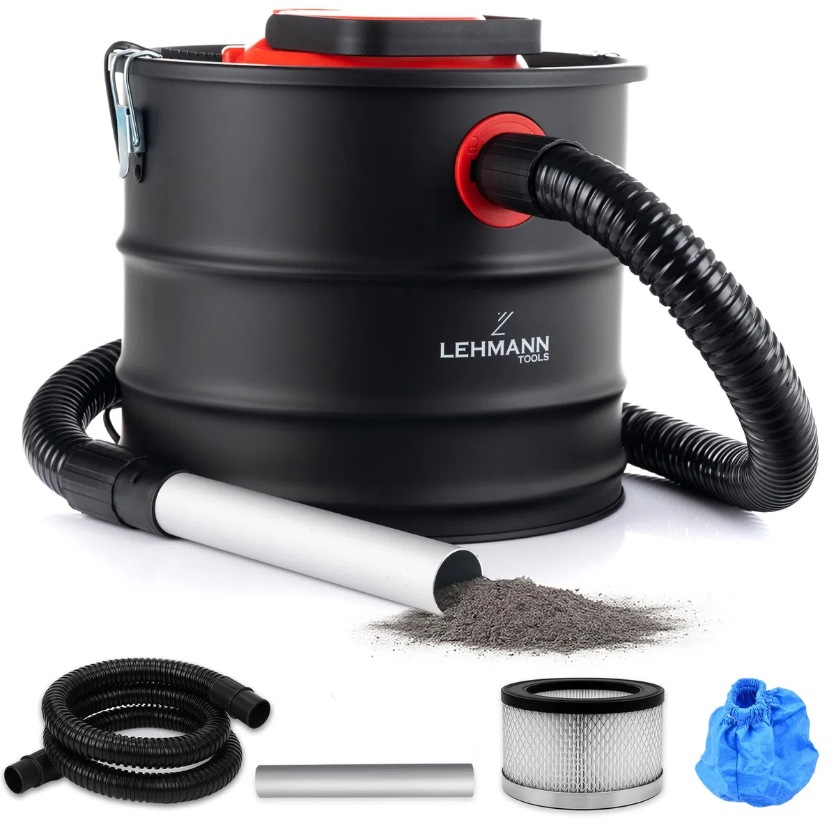 LEHMANN Bidone Aspiracenere senza Sacco 18L, 1200W, Robusto Serbatoio, Lavabile Filtro HEPA in Cestello Metallico, Funzione Soffiaggio, Aspirapolvere per Stufa a Pellet, Camino e Barbecue