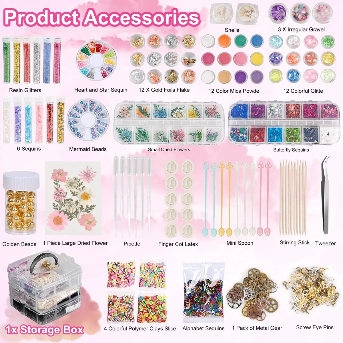 EFUTURETIME 260 Pezzi Kit Decorazioni in Resina Epossidica Completo Con Fiocchi di Foglie d'Oro, Glitter, Paillettes, Fiori Secchi, Pinzette per l'Artigianato e la Nail Art