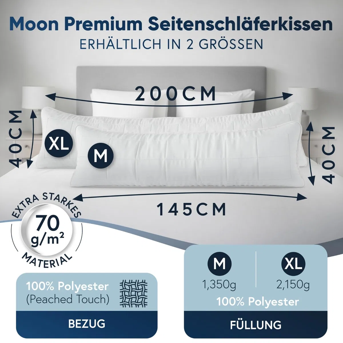 Moon Classic 564380 - Cuscino per dormire, 40 x 200 cm, 100% poliestere