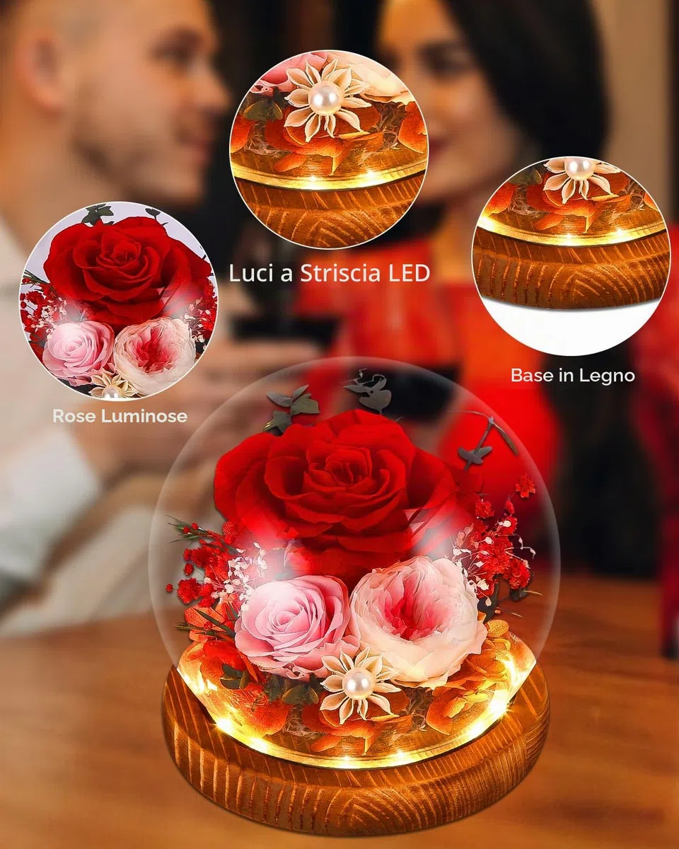 Rosa Eterna Stabilizzata, Vera Fiori Stabilizzati, LED Rosa Conservato Sfera di Cristallo, Regalo per Donne Mamma Moglie, Rosa Eterna Anniversario Compleanno San Valentino Natale Festa Della