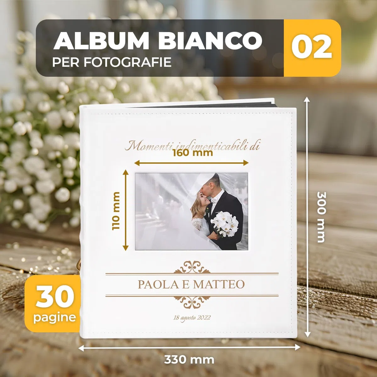 Maverton Album Foto Personalizzato con Stampa - Copertina in Pelle Sintetica con Finestra - 60 pagine nere - 240 foto 10x15 cm - idee regalo per anniversario, matrimonio - Nozze