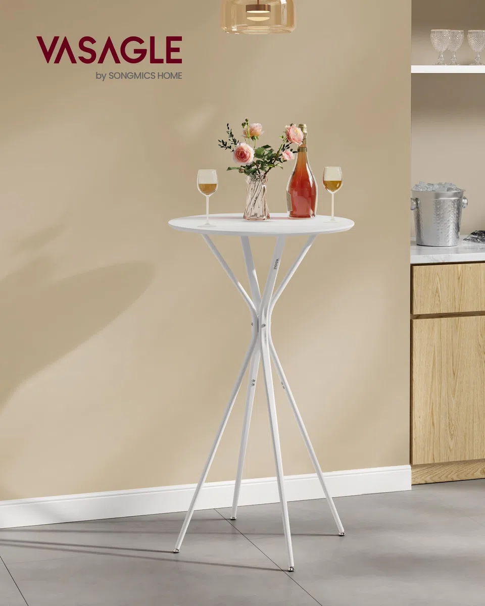 VASAGLE Tavolino da Bar, Tavolino da Cucina, Tavolo Alto Rotondo, Struttura in Metallo, 60 x 60 x 105 cm, per Soggiorno, Moderno, Montaggio Facile, Bianco Nuvola e Bianco Opaco LBT024W01