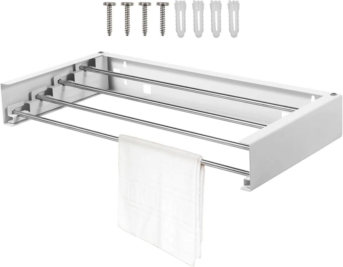 Generico Stendibiancheria estensibile con 4 aste, barra per vestiti, portasciugamani pieghevole, stendibiancheria da parete 50 cm, risparmio di spazio, grande capacità di carico, 50 x 25 x 7 cm
