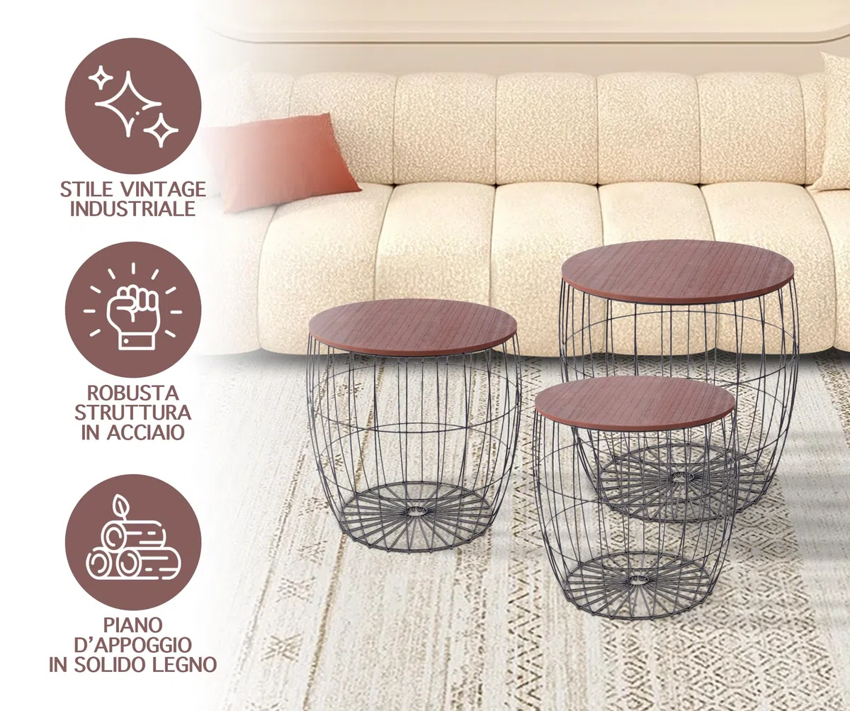 IlGruppone Set 3 Tavolini Da Salotto Sovrapponibili Caffe' Rotondi Design Moderno Tavolo Divano Top In Legno Struttura In Acciaio Stile Industrial Vano Porta Oggetti - Marrone - Modello 1