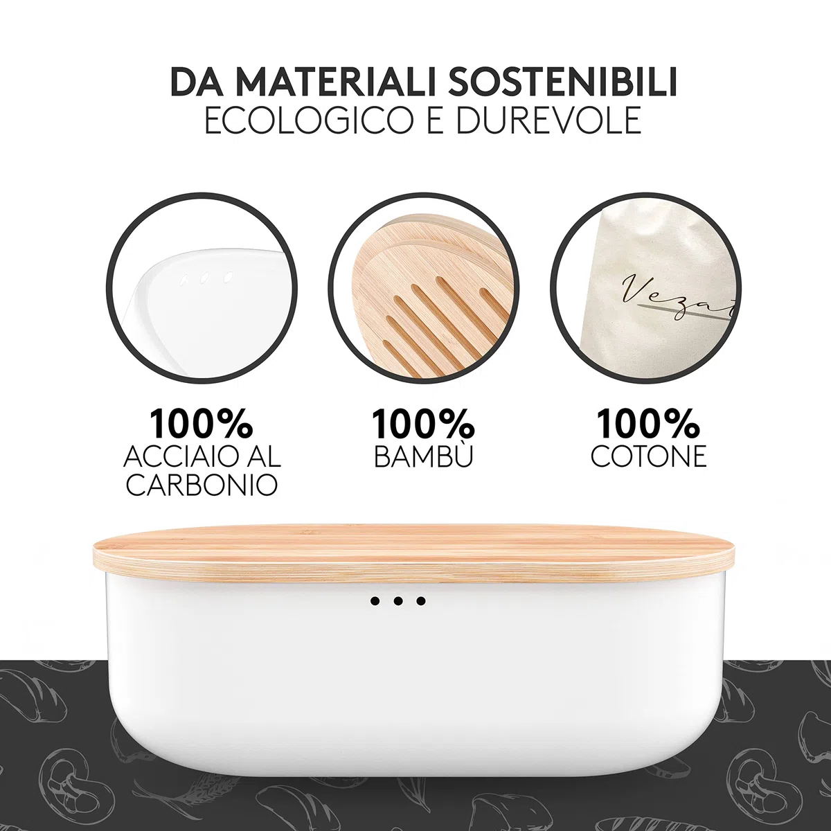 Vezato Scatola Cestino del pane - sostenibile per una lunga freschezza - extra large con coperchio di bambù e tagliere - con sacchetto