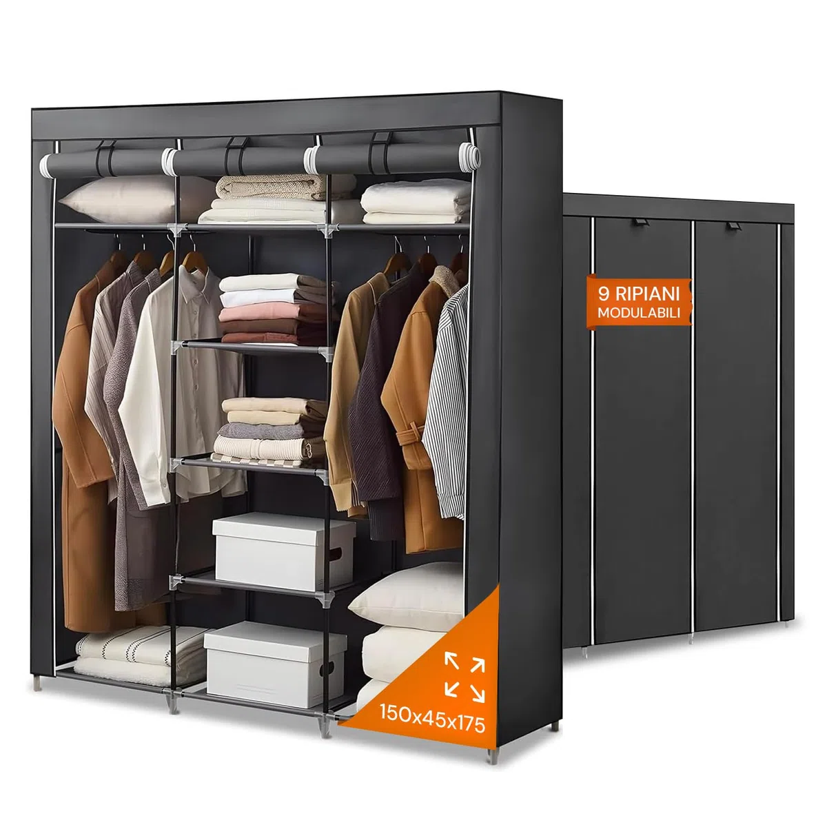 Avilia Armadio in Tessuto con Telo Zip – Guardaroba Salvaspazio con 9 Ripiani, 150x45x175 cm – Armadio Portaoggetti per Camera, Bagno o Soggiorno – Facile da Montare, 5 kg a Ripiano