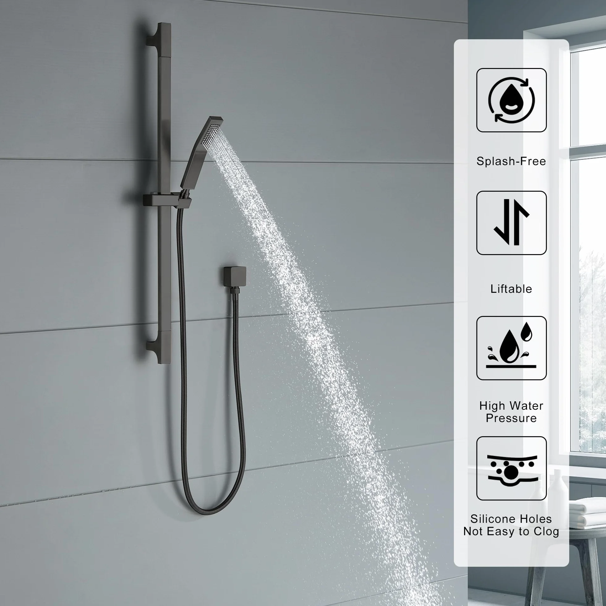 Asta Doccia in Acciaio Inox, Saliscendi Con Doccetta, Tubo e Supporto, Barra di Scorrimento per Bagno, Set Asta, Colonna Senza Miscelatore