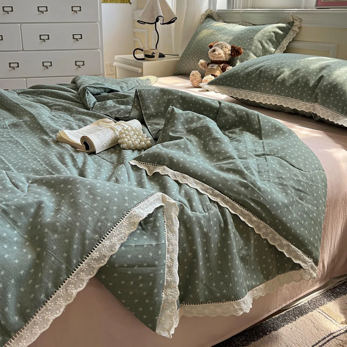 Odot Trapunta Piumino Estivo Reversibile, 4,5 Tog Cotone Trapuntino Copriletto Leggera Primaverile Coperta Trapuntatura Morbido per Letto Matrimoniale (Pois verde salvia,200 * 230cm)
