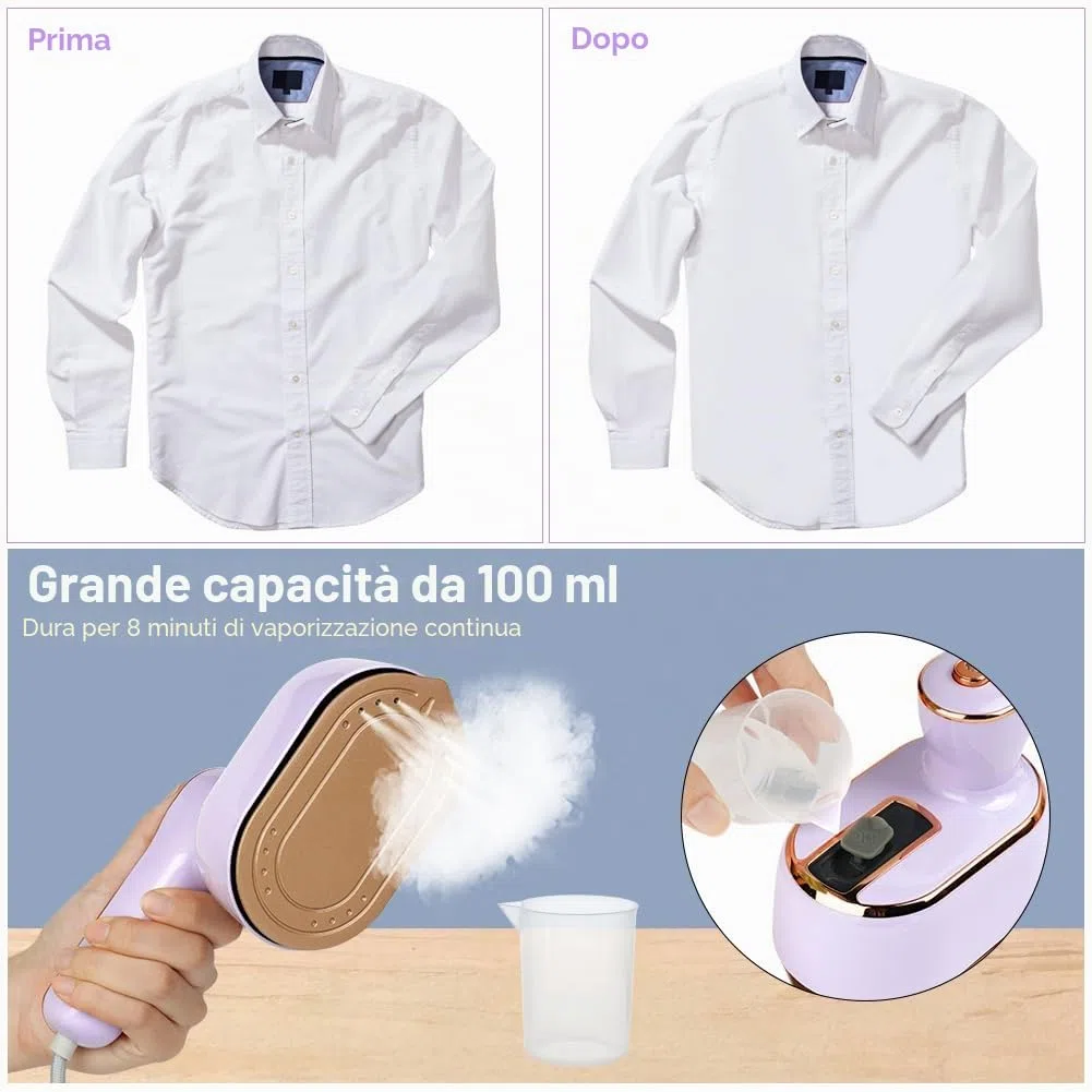 AUAUY Ferro da stiro a vapore Mini, 1000 W, pieghevole, portatile, con serbatoio dell'acqua da 100 ml, ferro da stiro a secco e a umido, piccolo ferro da stiro a vapore per casa e in viaggio (viola)