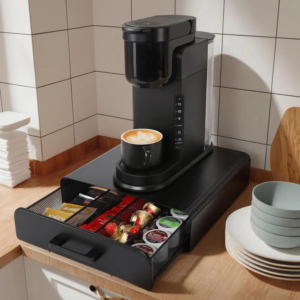 Organizer per Cialde di Caffè Con Cassetto, Contenitore per Capsule, Scatola da Tè, Porta Bustine per Cucina, Ufficio, Caffetteria