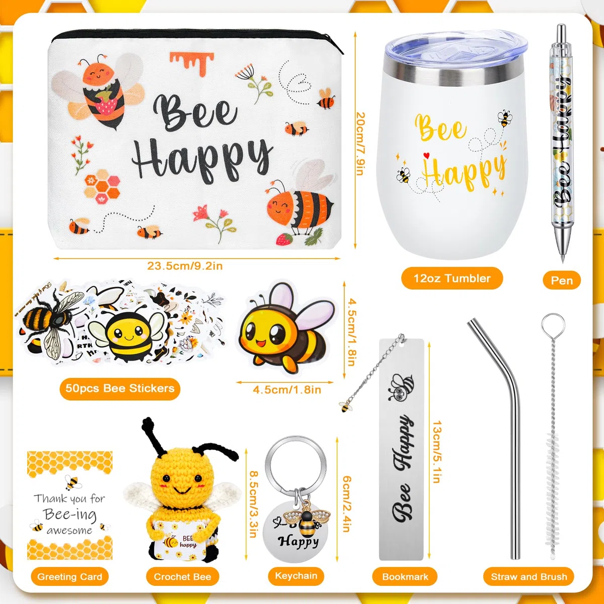SelfTek Regali con ape per donne - Set regalo ape miele include bicchiere in acciaio inossidabile da 355 ml, ape all'uncinetto, borsa cosmetica, portachiavi, segnalibro, adesivi per regalo di