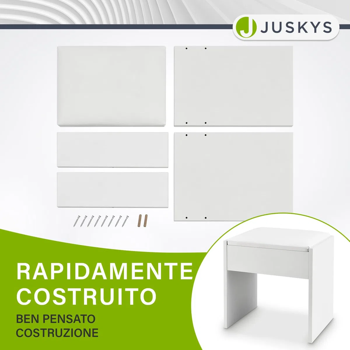 Juskys Tavolo da Trucco Sgabello Melly, sgabello in legno con cuscino imbottito e rivestimento in pelle sintetica, moderno 40 x 30 x 43 cm in bianco
