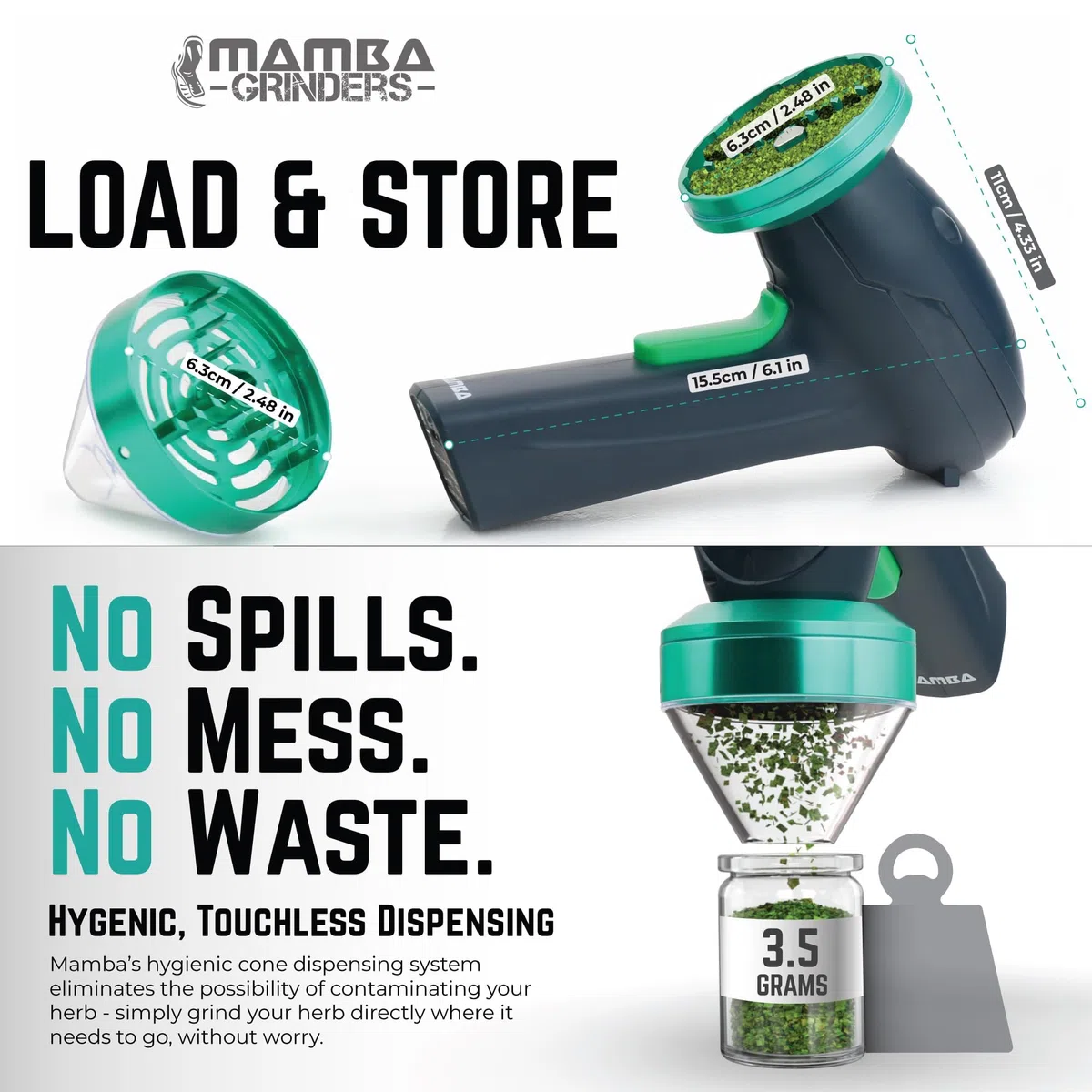 Mamba Monster 3.5g Nero-Verde USB Grinder Elettrico per Erbe. Macinino Spezie Portatile in Metallo ad Alta Capacità per Erbe Aromatiche e Spezie da Cucina