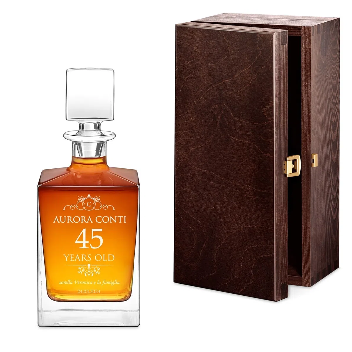 Maverton Decanter per whisky in vetro 810 ml - incisione personalizzata - Caraffa in vetro con tappo - Bottiglia per whisky e rum - pensiero originale per donna - per compleanno - Auguri