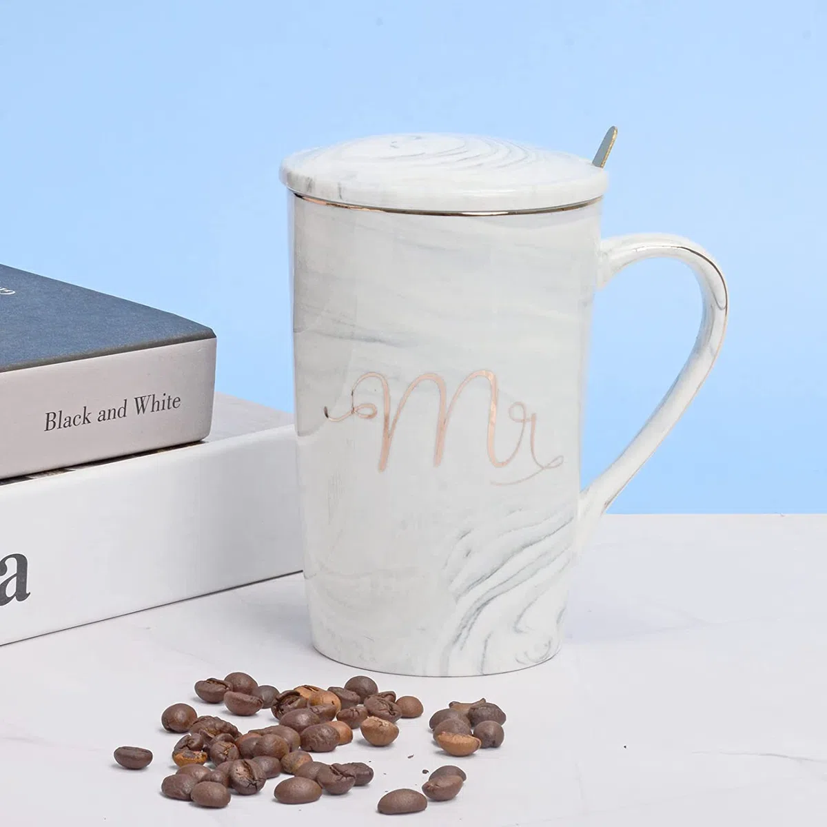 Atoke Mr and Mrs Tazze di Ceramica con Coperchio e Cucchiaio,14 oz Tazze Grandi Tazza di Ceramica per San Valentino,Coppia Sposa Sposo Anniversario Nozze Natale Compleanno Regalo