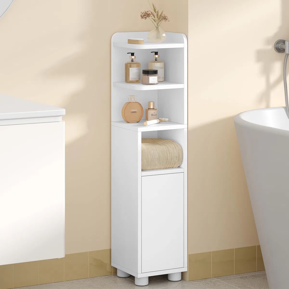 Mobile da Bagno, Mobiletto Bagno Salvaspazio, Design a Doppia Zona Aperta e Chiusa, Ripiani Regolabili, 20 x 20 x 90,5 cm, Bianco FFBC011PW1
