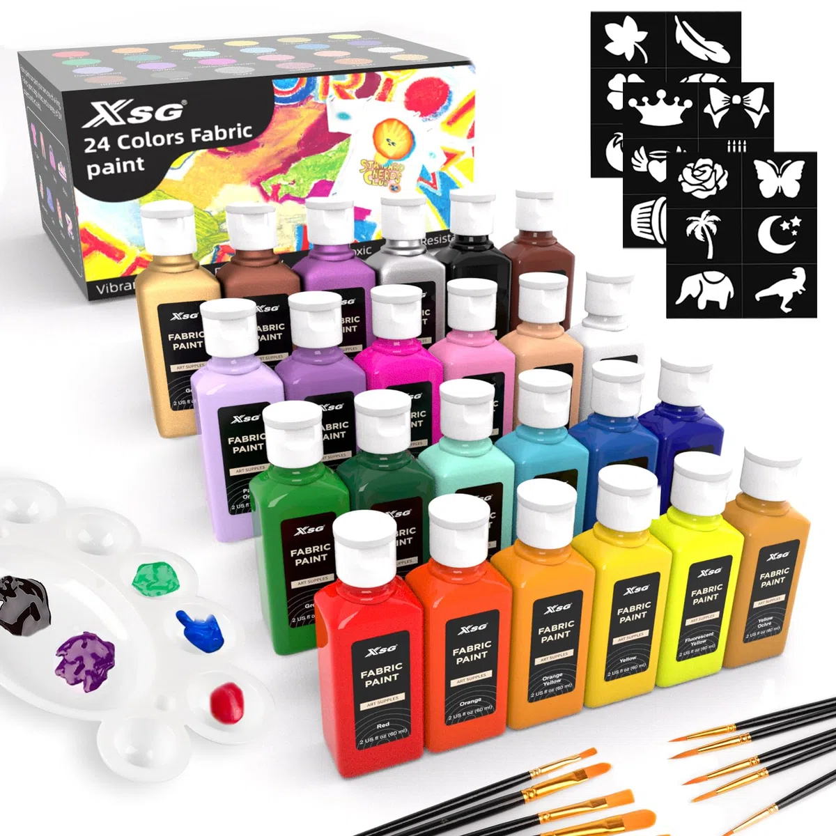 XSG 24 colori colori per tessuti in bottiglie (60 ml/2 oz) con pennelli, tavolozza, stencil, vernici tessili atossiche per magliette, scarpe, borse, jeans, non necessita di riscaldamento