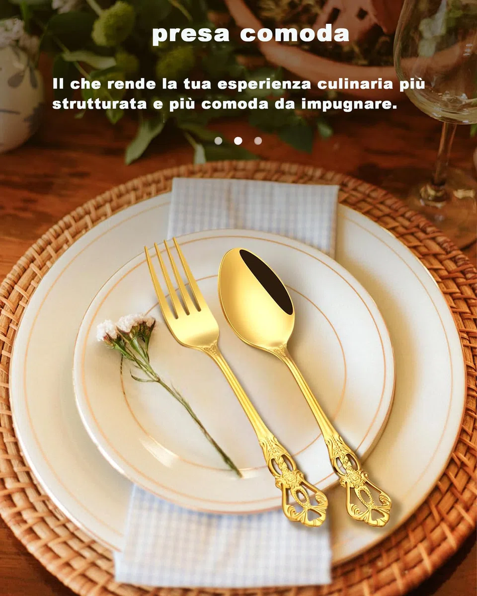 Set Posate 24 Pezzi Stile Retro Oro - Elegante Servizio per 6 Persone, Posate in Acciaio Inox con Finitura Antica Barocca, Set Completo con Forchette, Cucchiai e Coltelli