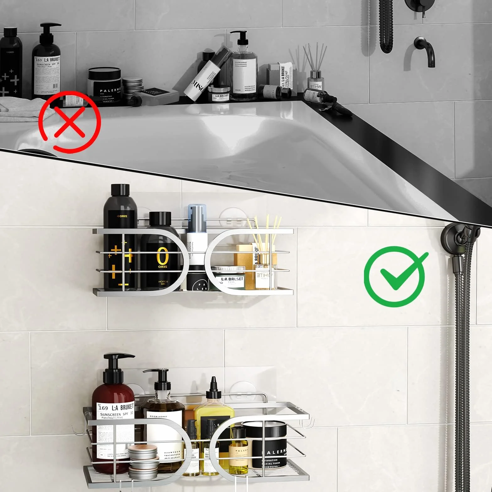Mensola Doccia Adesiva Portaoggetti Doccia con Ganci 304 Acciaio Inox Resistente alla Ruggine per Shampoo, Spugne, Rasoi 2 Pezzi(Argento)