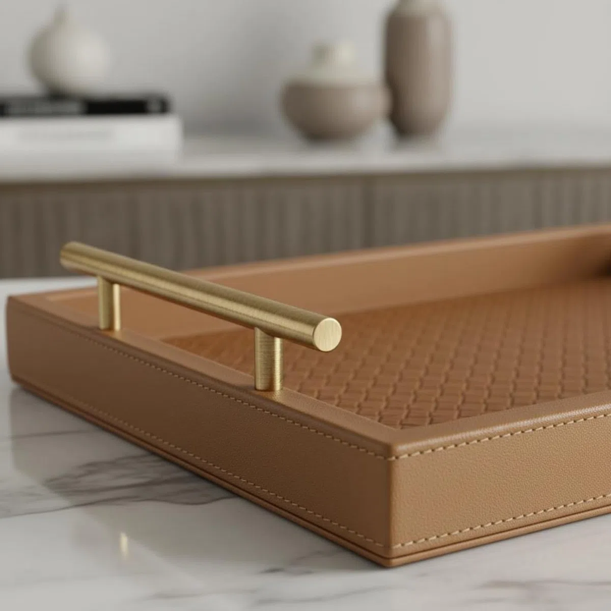 Vassoio in Pelle Elegante Organizer Rettangolare in Pelle Decorativo Organizzazione Domestica per Soggiorno, Marrone Cammello Chiaro