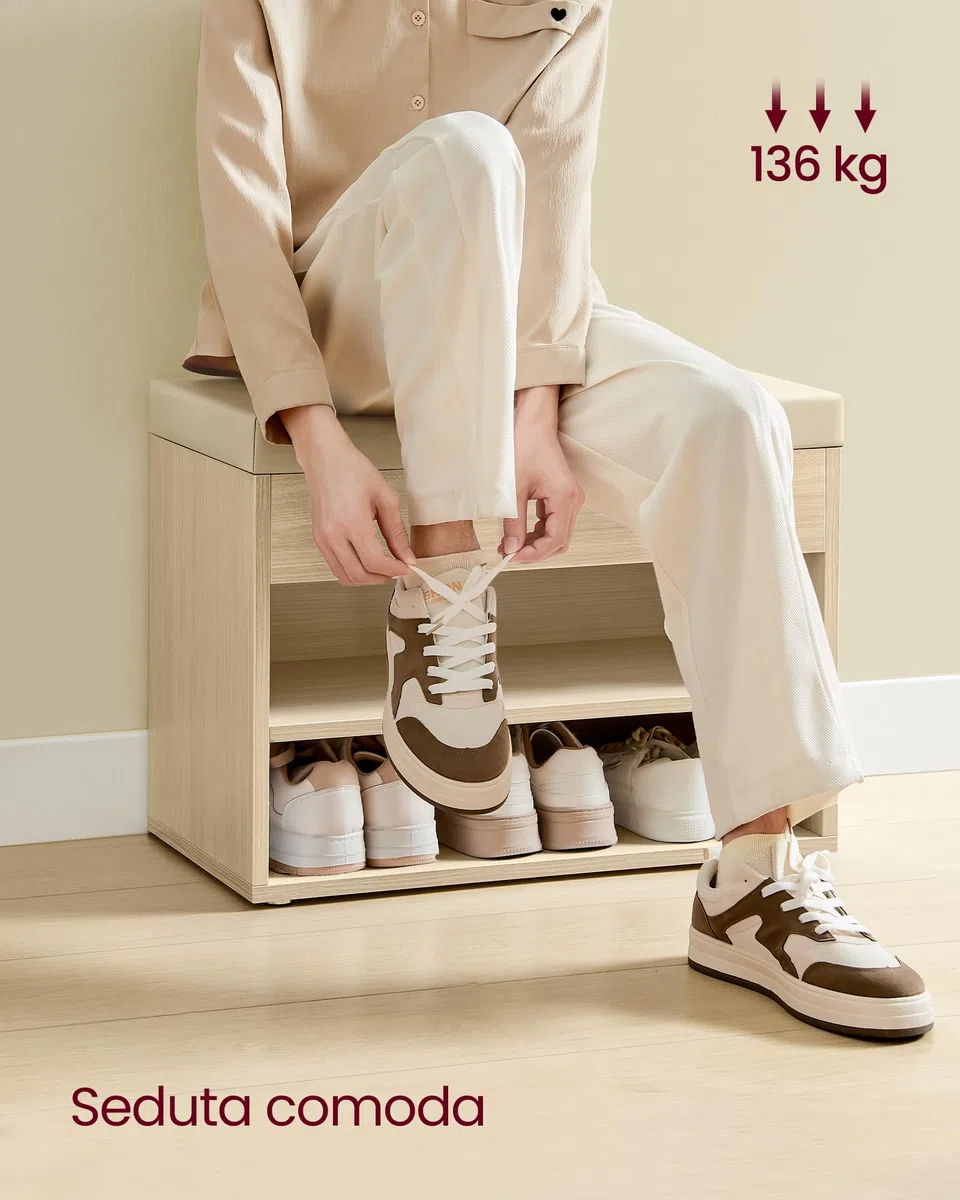 VASAGLE Panca Scarpiera, Scarpiera Ingresso con Sedile Imbottito, 3 Scomparti, 30 x 60 x 44 cm, per Corridoio Camera da Letto Soggiorno, Beige Naturale LHS020K01