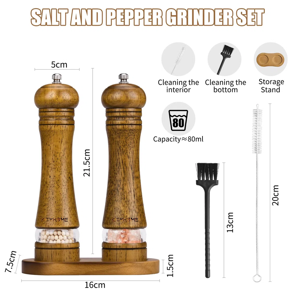 Set Macina Sale e Pepe in Legno, 2pcs Macinapepe Regolabile, Manuale Macina Pepe Con Sottovaso e Finestre Trasparenti, 2 Pennello per la Pulizia (21cm)