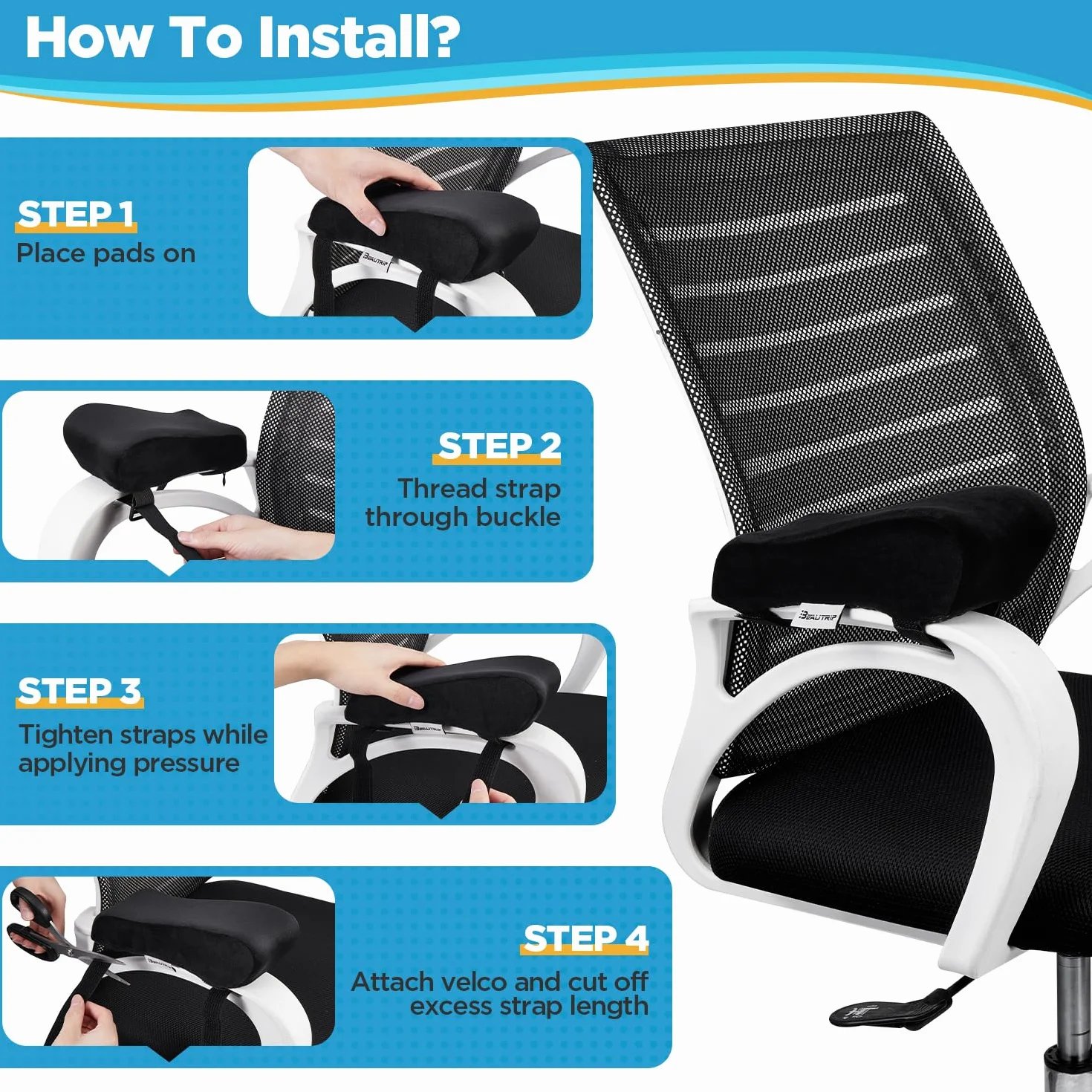 BEAUTRIP, Cuscinetti ergonomici per braccioli, per sedia da ufficio, cuscino di supporto per gomito, per computer, gaming e sedie da scrivania (set di 2) (nero con gel_velluto)