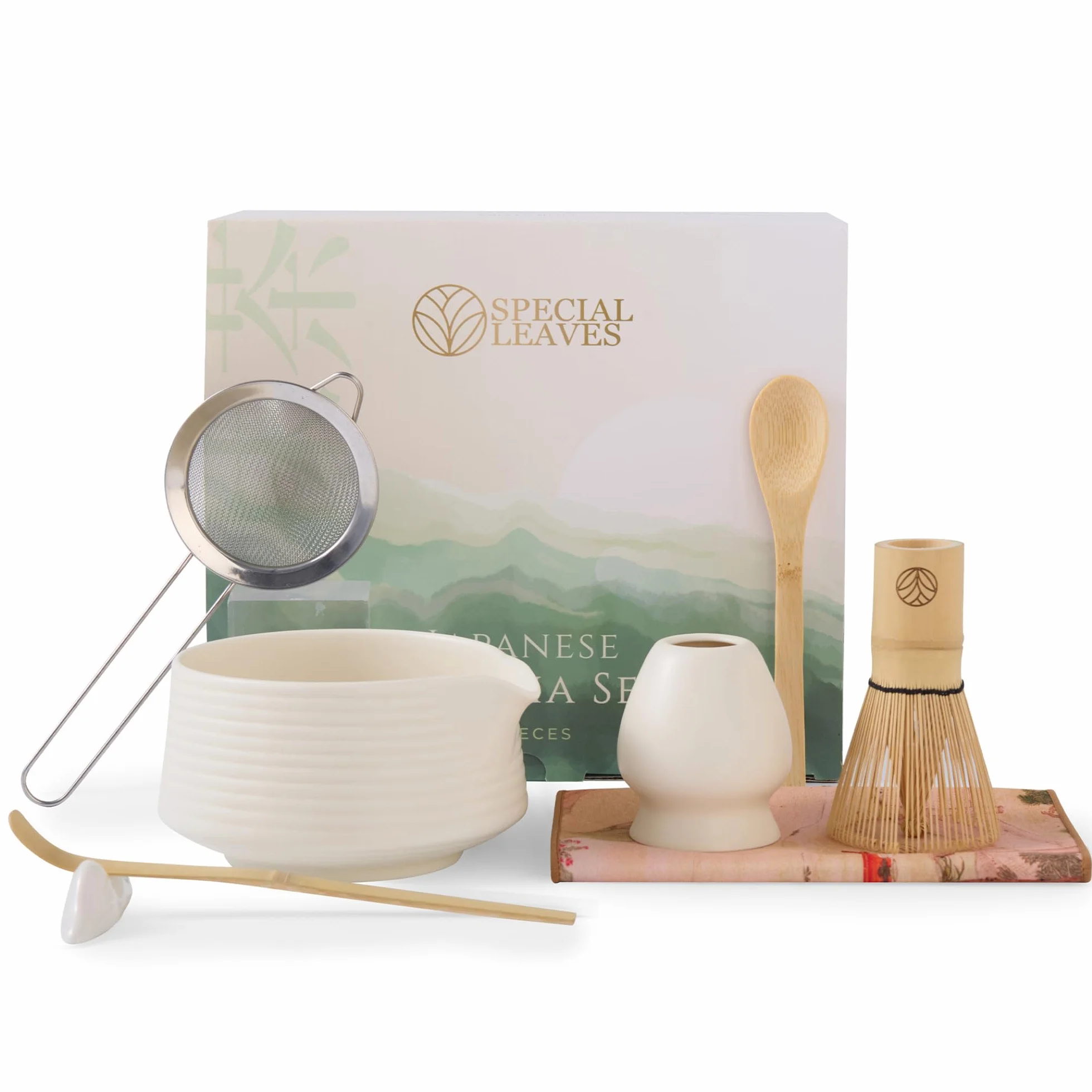 Matcha Set – Bianco – Set da tè Matcha – Scopa, ciotola, cucchiaio, scoop, colino, supporto e accessori – Kit Matcha Premium per gli amanti del matcha