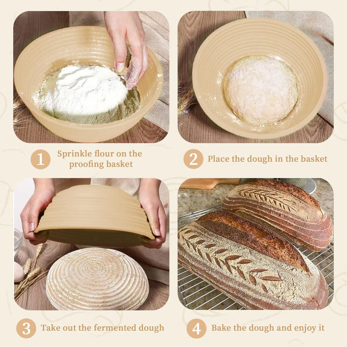 mumisuto Cestino Lievitazione Pane Silicone, 2 Pezzi Cestino per Lievitazione Pane Pieghevole, Cestino Pane 23,5 cm Rotondo & 26 cm Ovale, con 3 Spatole & 1 Pennello, per Pane Fatto in Casa e Pasta